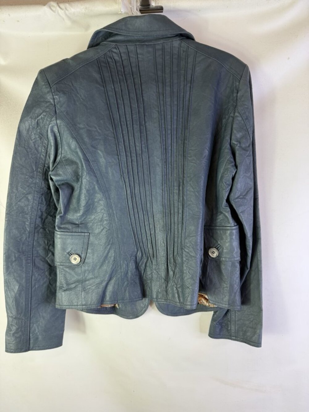 Vintage 90s Grunge Leather Pleated Single Button Blazer Jacket Blue - Picture 8 of 9